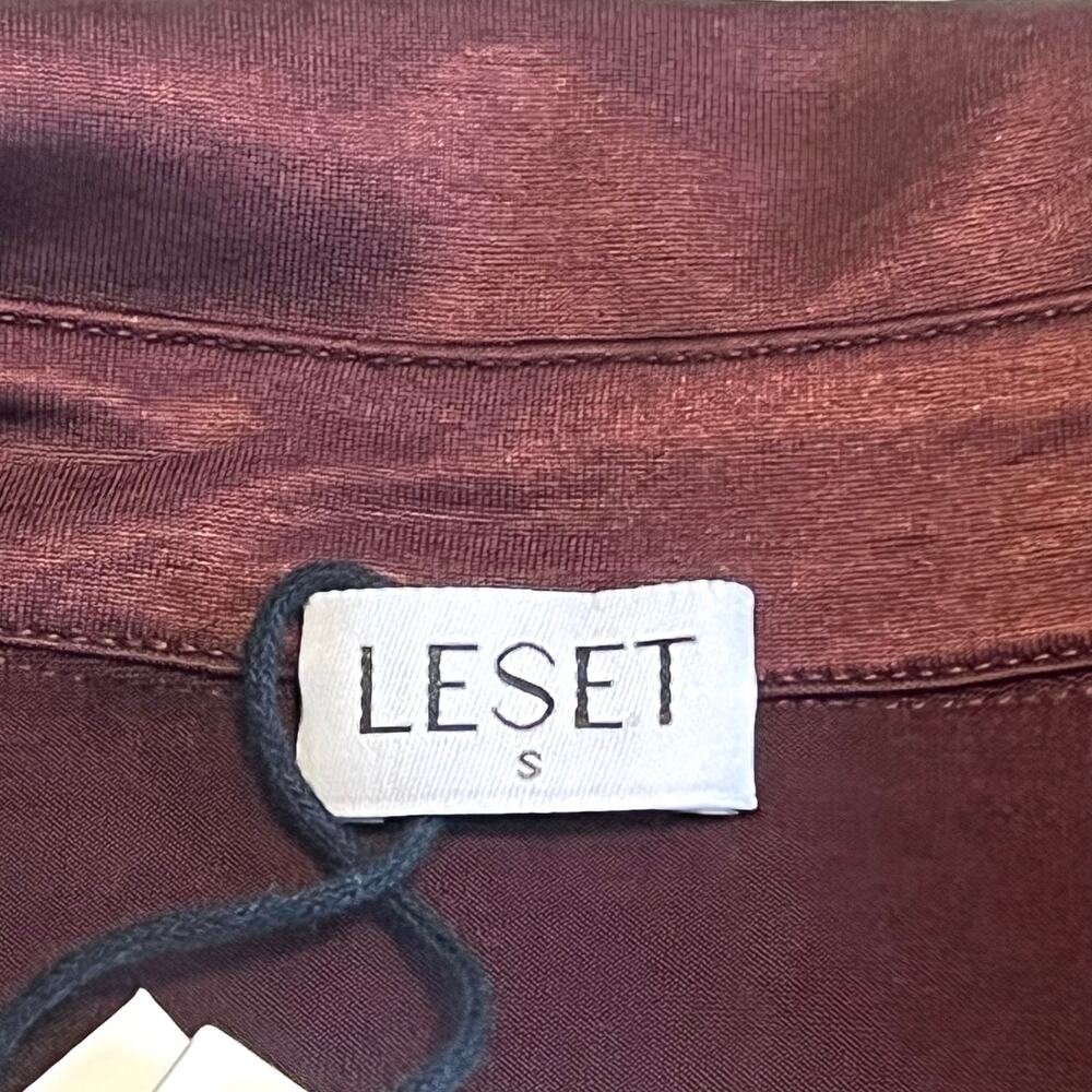 LESET Satin Long Sleeve Polo Blouse in Burgundy - Picture 6 of 11